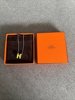 Hermes Silver Chain Necklace with Yellow H Pendant